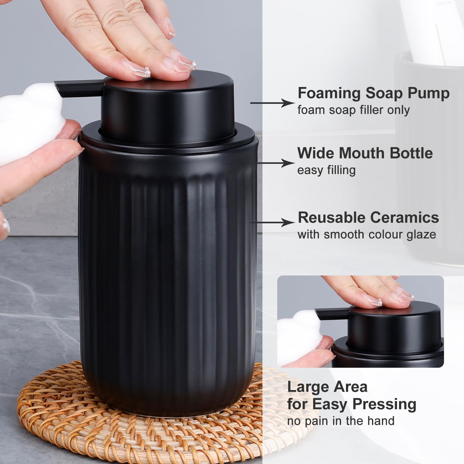 Bosilunlife Foam Hand Soap Dispenser - Ceramic Black Foaming Soap Dispenser For Bathroom 12Oz Refillable Liquid Lotion Soap Disp